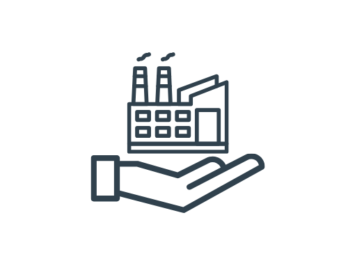 Icon Unternehmen Hand hält eine Fabrik mit Schornsteinen, Symbol für Industrie und Produktion und die gutachterliche Arbeit für Unternehmen und Gewerbe.