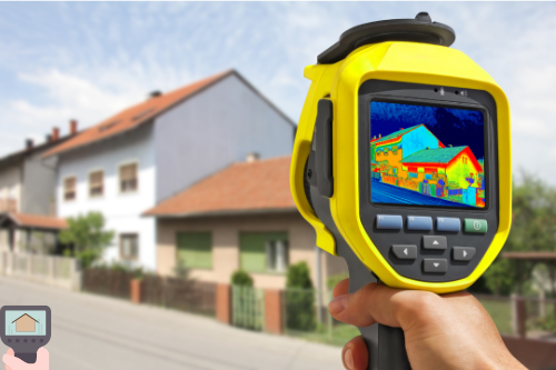 Thermografie zur Erkennung von Leckagen, Wärmeverlusten und Feuchtigkeitsschäden am Dach. Handgerät mit Wärmebildkamera zeigt thermografische Analyse eines Wohnhauses