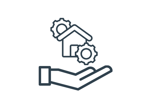 Icon Hausverwaltung Ein Hand-Symbol mit einem Haus und Zahnrädern darüber, das Hausverwaltungen und Eigentümergemeinschaften darstellt.