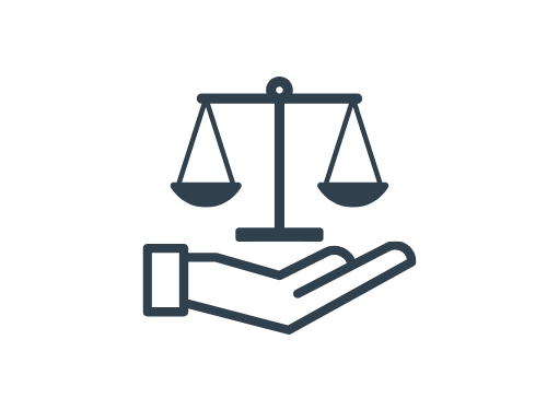 Icon Kanzleien und Gerichte Eine Hand hält eine Waage, Symbol für Gerechtigkeit und Kanzleien sowie die gutachterliche Tätigkeit für Gerichte.